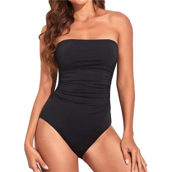 Women Tummy Control One Piece Swimsuits Strapless Bandeau Bathing Suits Halter - Picture 4 of 7